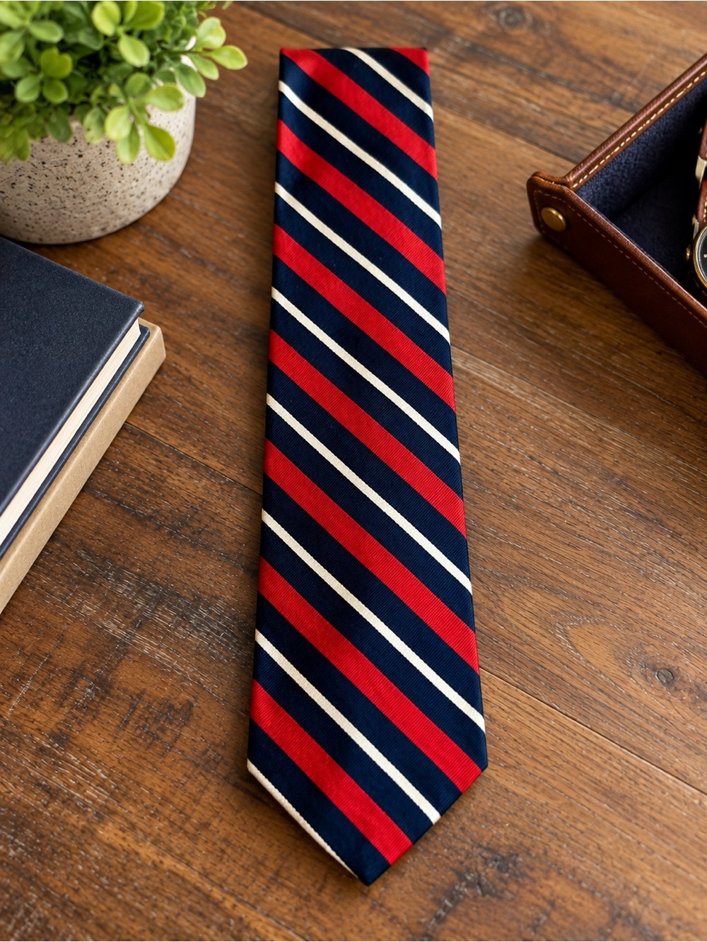 Vintage Brooks Brothers Makers All Silk Tie Red Navy Cream Striped Woven in Engl